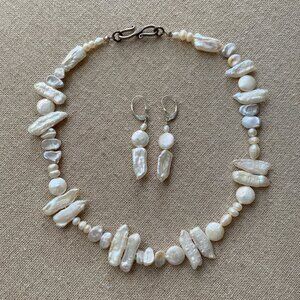 Handmade Necklace & Earring Set – Pearlized Ivory-Toned Beads in Various Shapes